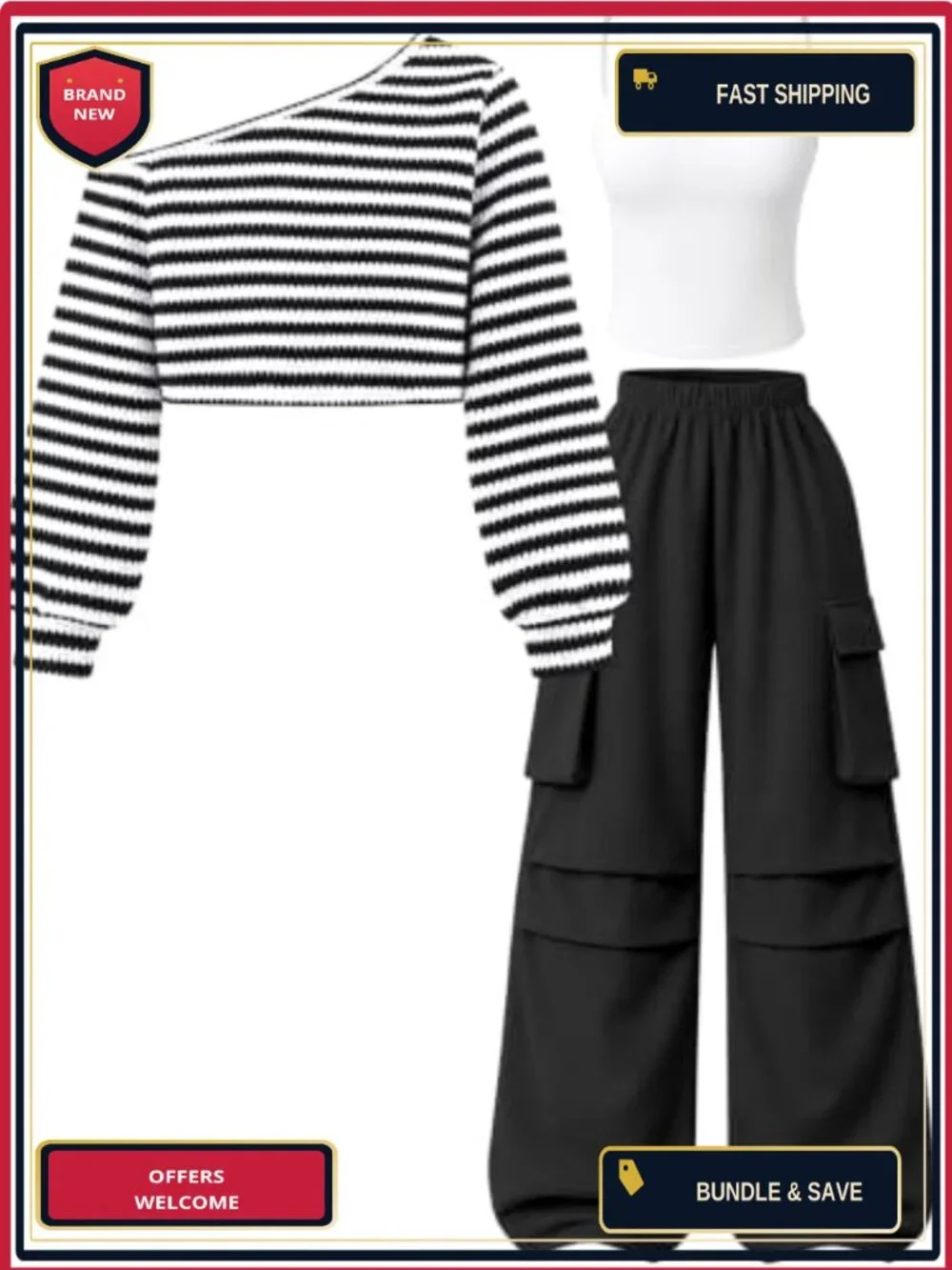 Girls 3 Piece Knit Off Shoulder Top & Cargo Pants Set